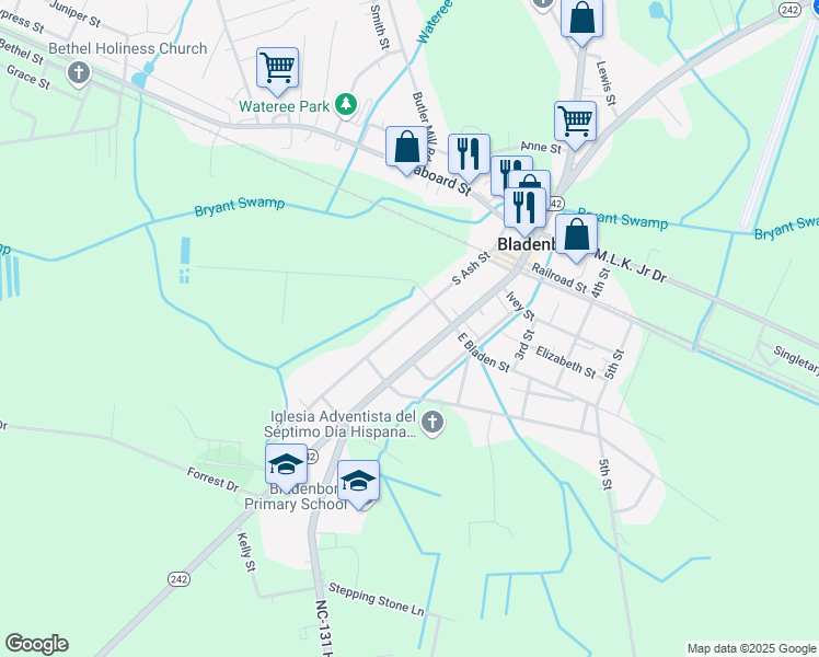 map of restaurants, bars, coffee shops, grocery stores, and more near 414 South Ash Street in Bladenboro