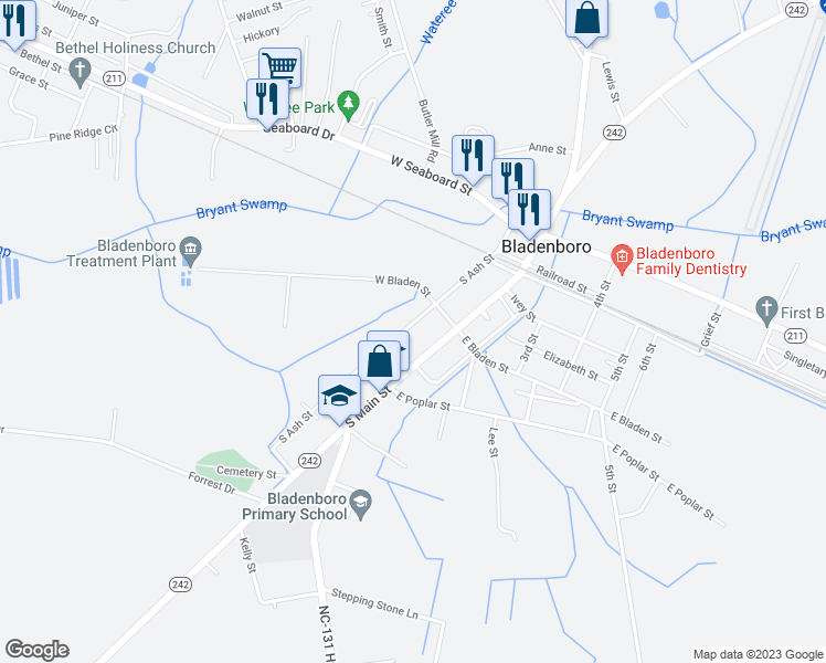 map of restaurants, bars, coffee shops, grocery stores, and more near 414 South Ash Street in Bladenboro