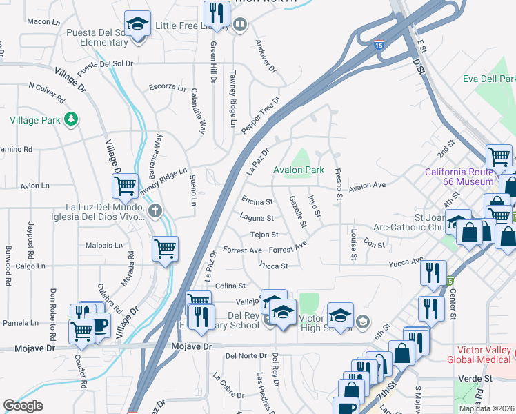 map of restaurants, bars, coffee shops, grocery stores, and more near 16249 Encina Street in Victorville