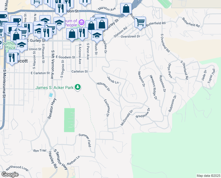 map of restaurants, bars, coffee shops, grocery stores, and more near 451 Hillcrest Drive in Prescott