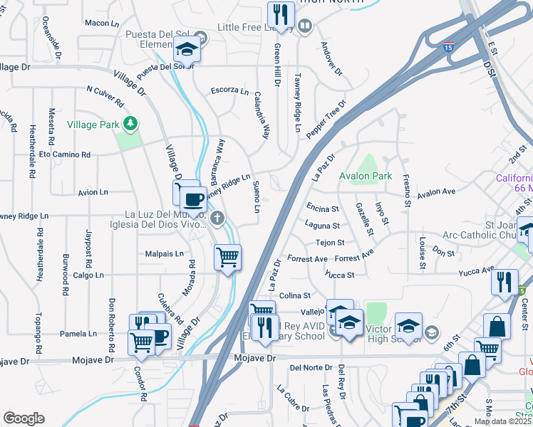 map of restaurants, bars, coffee shops, grocery stores, and more near 15699 Sueno Lane in Victorville
