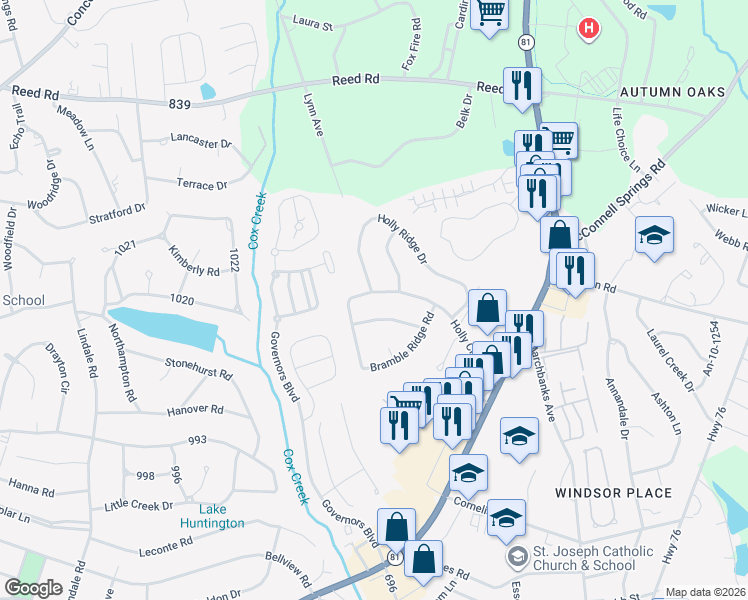 map of restaurants, bars, coffee shops, grocery stores, and more near 303 Holly Creek Drive in Anderson