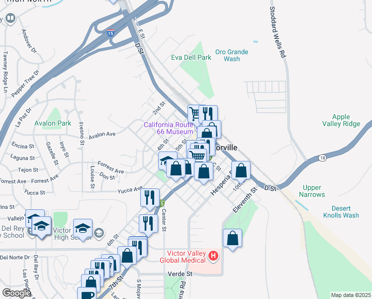 map of restaurants, bars, coffee shops, grocery stores, and more near 15578 6th Street in Victorville