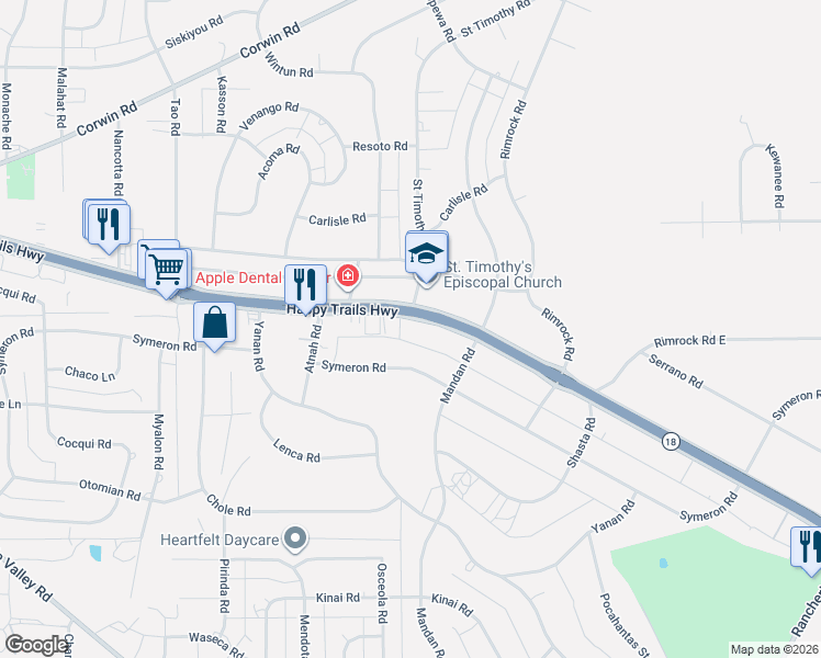 map of restaurants, bars, coffee shops, grocery stores, and more near 19287 California 18 in Apple Valley