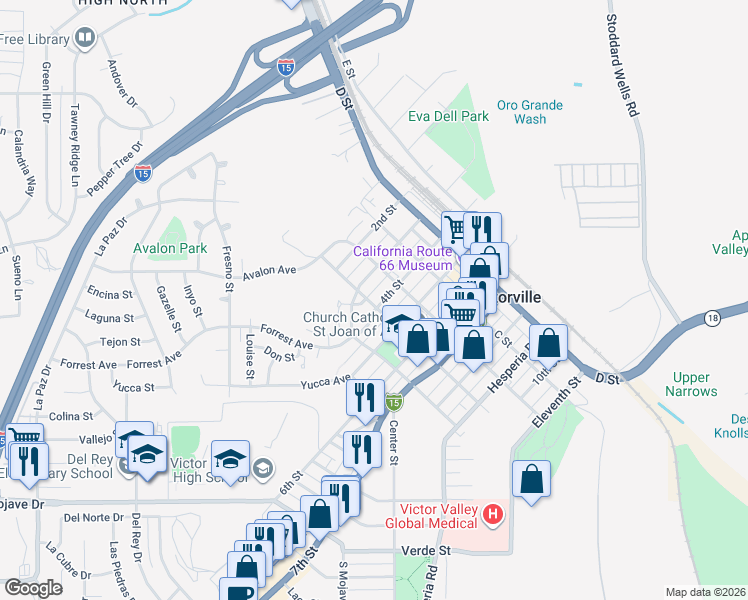 map of restaurants, bars, coffee shops, grocery stores, and more near in Victorville