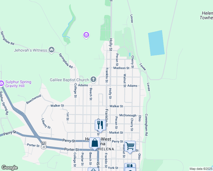 map of restaurants, bars, coffee shops, grocery stores, and more near Adams in Helena-West Helena