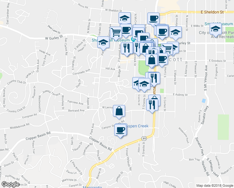 map of restaurants, bars, coffee shops, grocery stores, and more near 333 Aubrey Street in Prescott