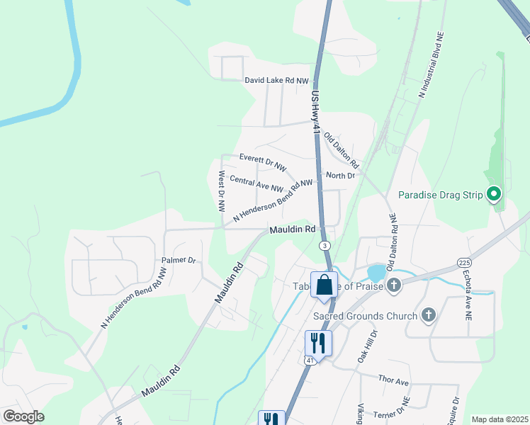 map of restaurants, bars, coffee shops, grocery stores, and more near 206 N Henderson Bend Rd NW in Calhoun