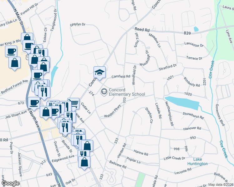 map of restaurants, bars, coffee shops, grocery stores, and more near 522 East Fredericks Street in Anderson