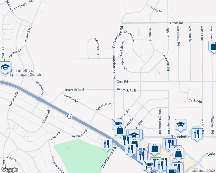map of restaurants, bars, coffee shops, grocery stores, and more near 20066 Rimrock Road East in Apple Valley