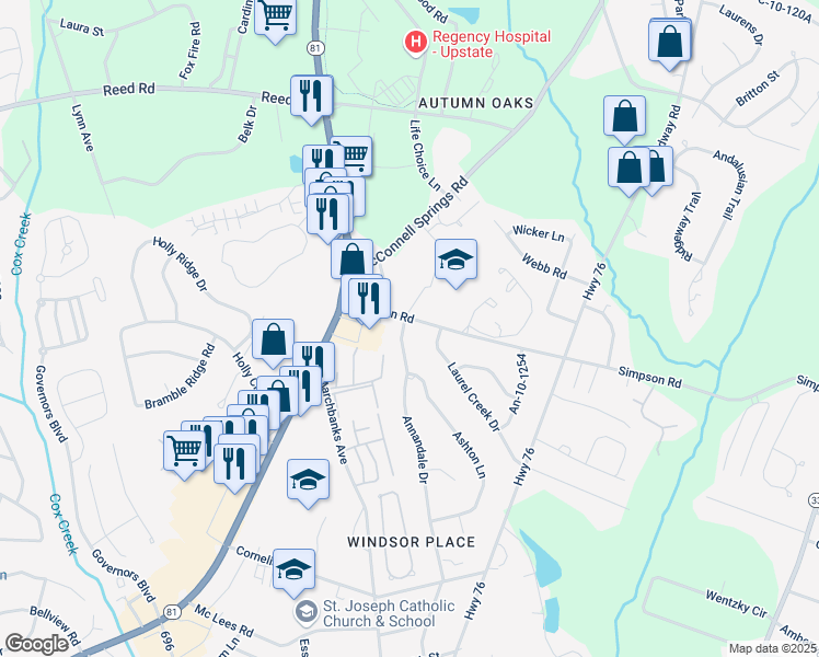 map of restaurants, bars, coffee shops, grocery stores, and more near 2510 Annandale Drive in Anderson