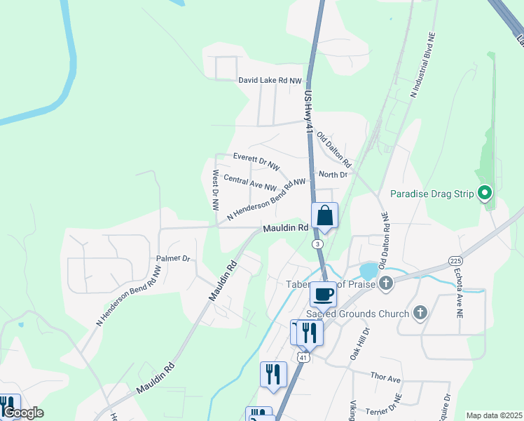 map of restaurants, bars, coffee shops, grocery stores, and more near 206 North Henderson Bend Road Northwest in Calhoun