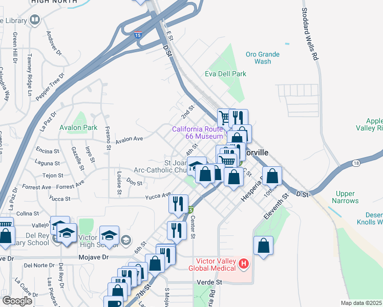 map of restaurants, bars, coffee shops, grocery stores, and more near 15521 4th Street in Victorville