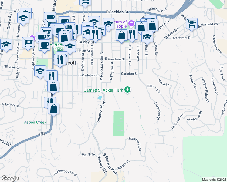 map of restaurants, bars, coffee shops, grocery stores, and more near 421 South Virginia Street in Prescott