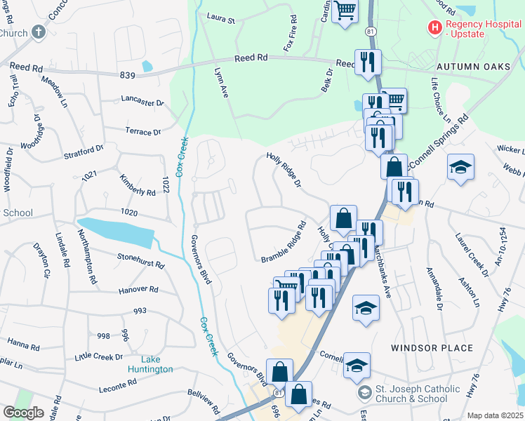 map of restaurants, bars, coffee shops, grocery stores, and more near 303 Holly Creek Drive in Anderson