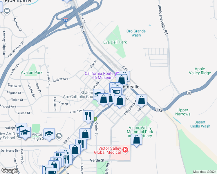 map of restaurants, bars, coffee shops, grocery stores, and more near 15563 5th Street in Victorville