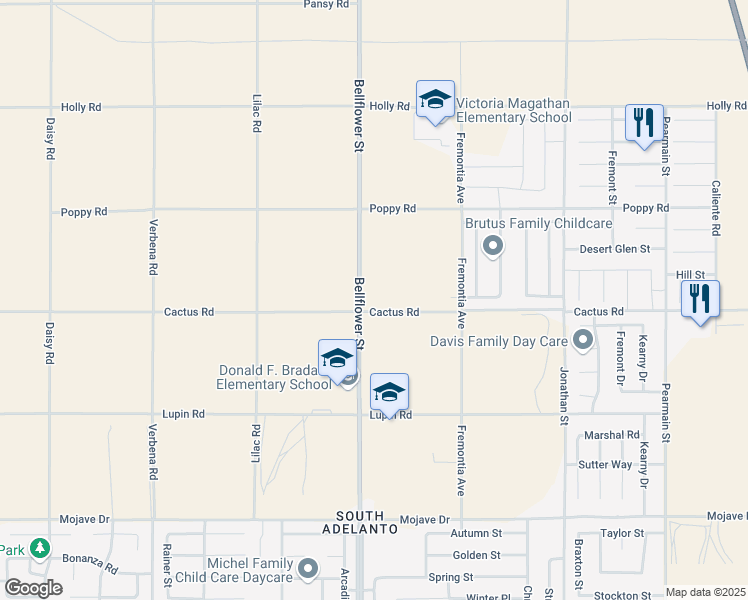 map of restaurants, bars, coffee shops, grocery stores, and more near 2 Bellflower Street in Adelanto