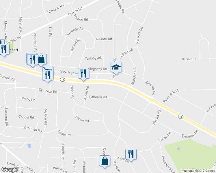 map of restaurants, bars, coffee shops, grocery stores, and more near 19287 California 18 in Apple Valley