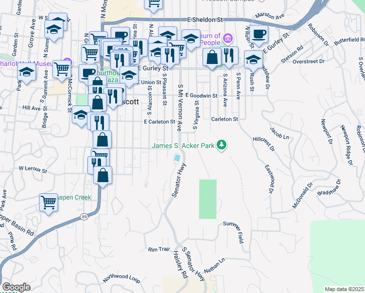 map of restaurants, bars, coffee shops, grocery stores, and more near 342 South Virginia Street in Prescott