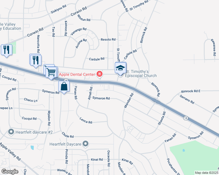 map of restaurants, bars, coffee shops, grocery stores, and more near 19269 Highway 18 in Apple Valley