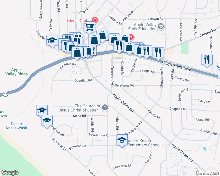map of restaurants, bars, coffee shops, grocery stores, and more near 15686 Tuscola Road in Apple Valley