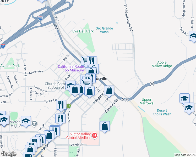 map of restaurants, bars, coffee shops, grocery stores, and more near in Victorville