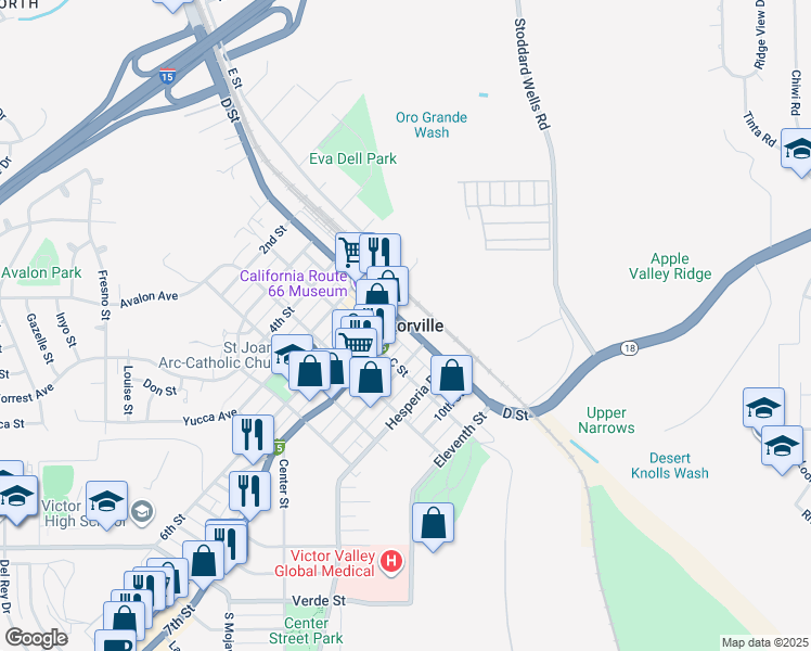 map of restaurants, bars, coffee shops, grocery stores, and more near 15619 Ferndale Road in Victorville
