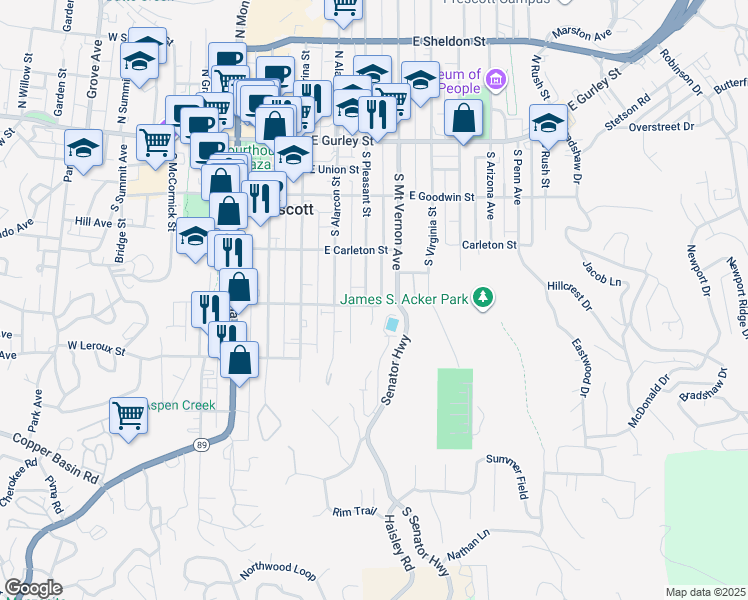 map of restaurants, bars, coffee shops, grocery stores, and more near 349 South Pleasant Street in Prescott