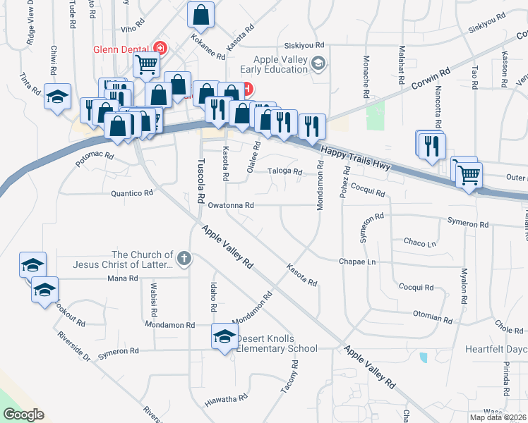 map of restaurants, bars, coffee shops, grocery stores, and more near 18361 Chapae Lane in Apple Valley