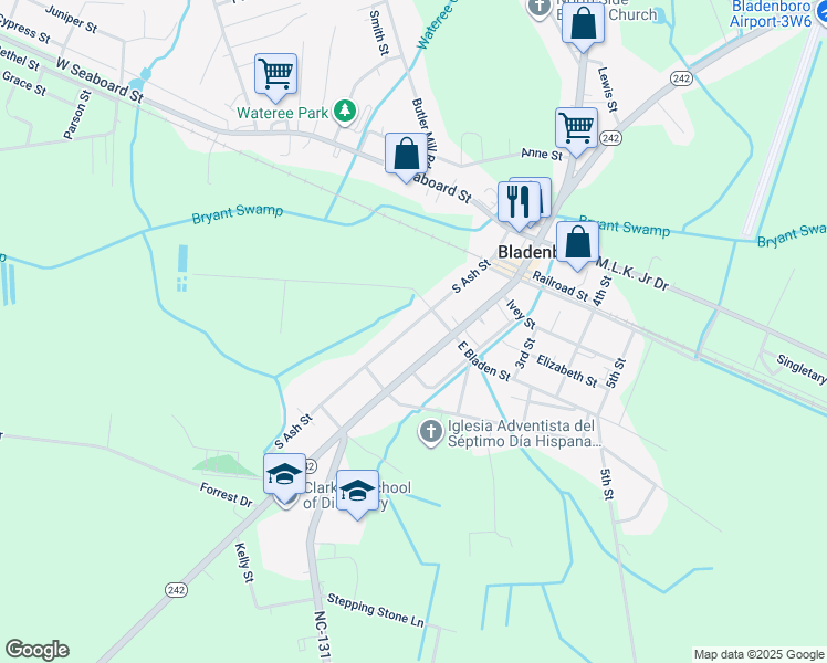 map of restaurants, bars, coffee shops, grocery stores, and more near 412 South Ash Street in Bladenboro