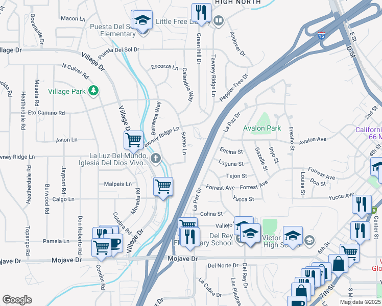 map of restaurants, bars, coffee shops, grocery stores, and more near 15709 Sueno Lane in Victorville