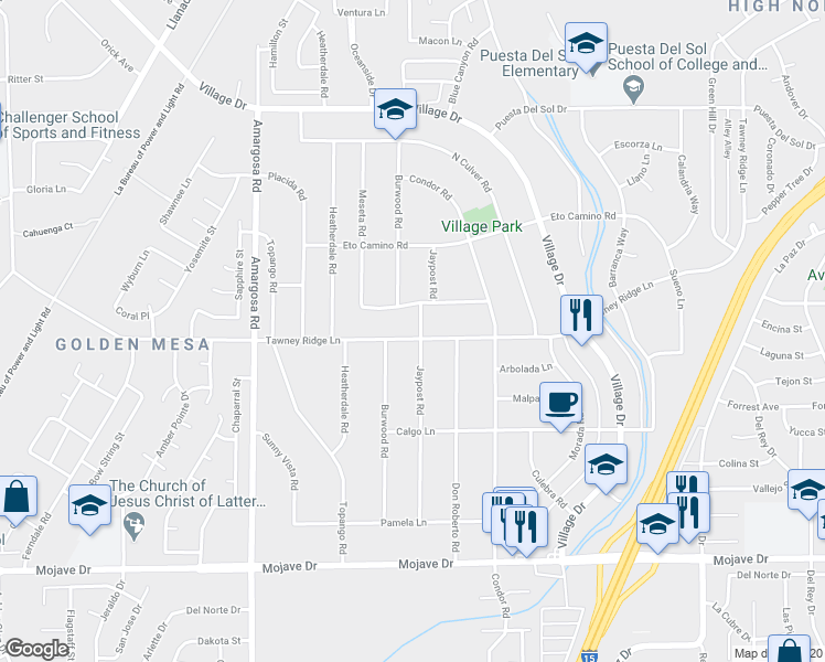 map of restaurants, bars, coffee shops, grocery stores, and more near 15588 Tawney Ridge Lane in Victorville