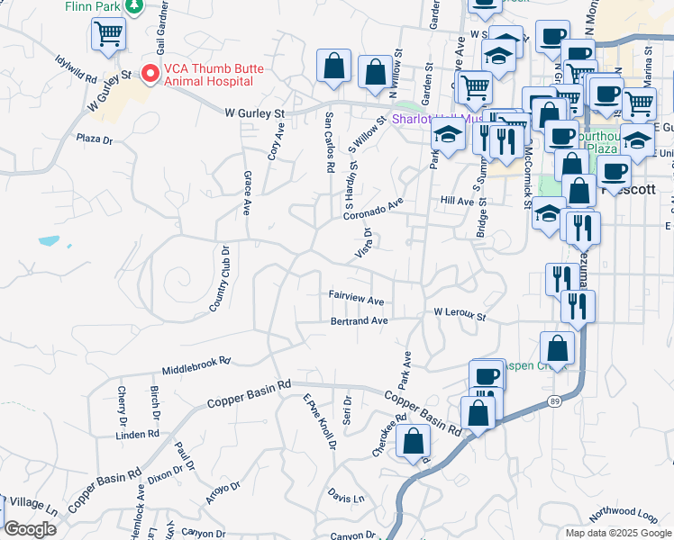 map of restaurants, bars, coffee shops, grocery stores, and more near 837 Country Club Drive in Prescott