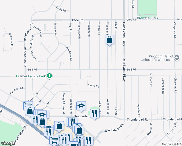 map of restaurants, bars, coffee shops, grocery stores, and more near 20631 Zuni Road in Apple Valley