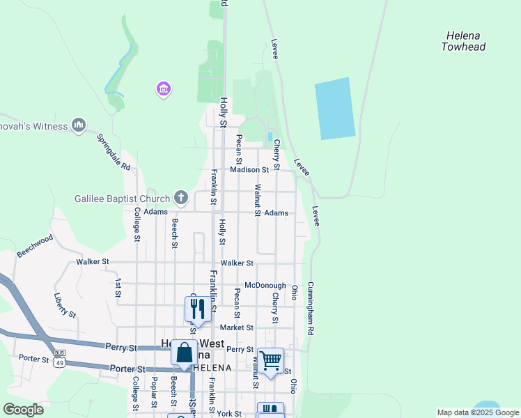 map of restaurants, bars, coffee shops, grocery stores, and more near 301 Adams in Helena-West Helena