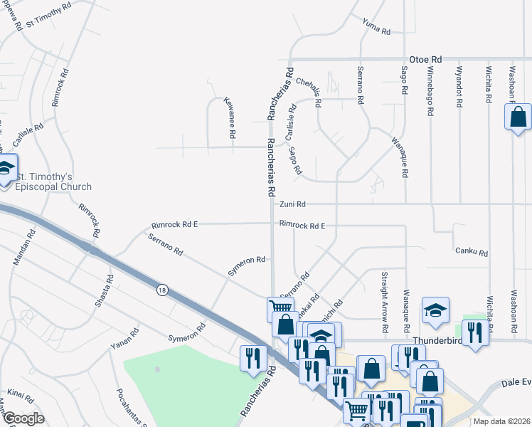 map of restaurants, bars, coffee shops, grocery stores, and more near 20066 Rimrock Road East in Apple Valley