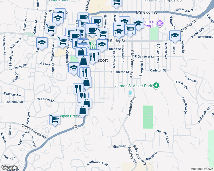 map of restaurants, bars, coffee shops, grocery stores, and more near 203 East Aubrey Street in Prescott
