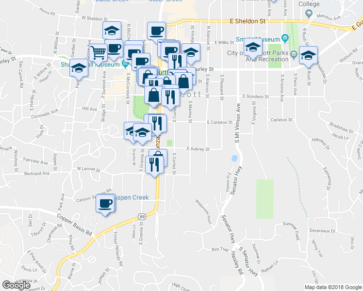 map of restaurants, bars, coffee shops, grocery stores, and more near 401 South Cortez Street in Prescott