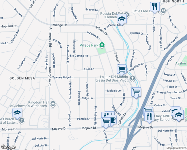 map of restaurants, bars, coffee shops, grocery stores, and more near 15685 Don Roberto Road in Victorville