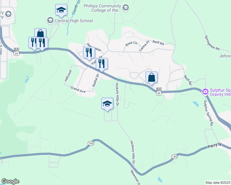 map of restaurants, bars, coffee shops, grocery stores, and more near 125 Hickory Hills Drive in Helena-West Helena