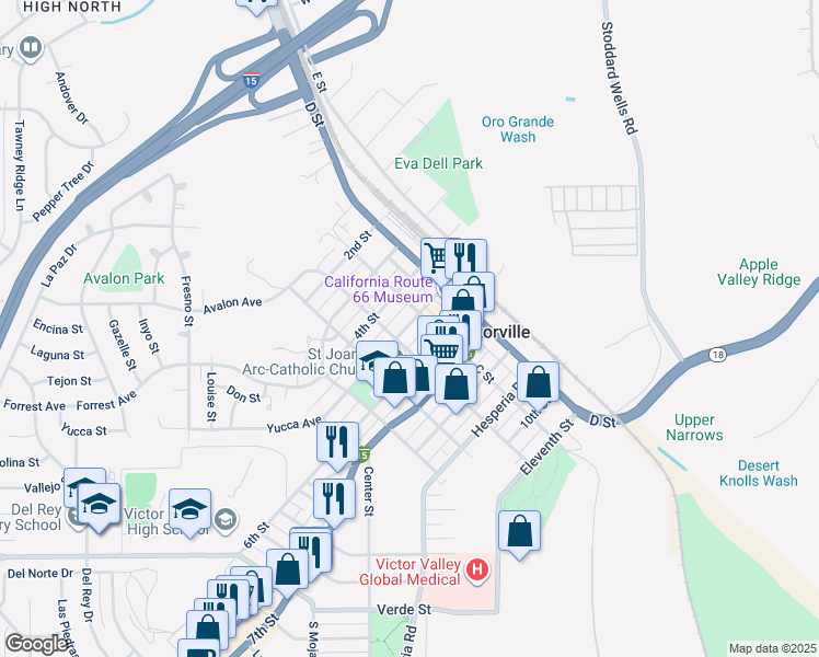 map of restaurants, bars, coffee shops, grocery stores, and more near 15563 5th Street in Victorville