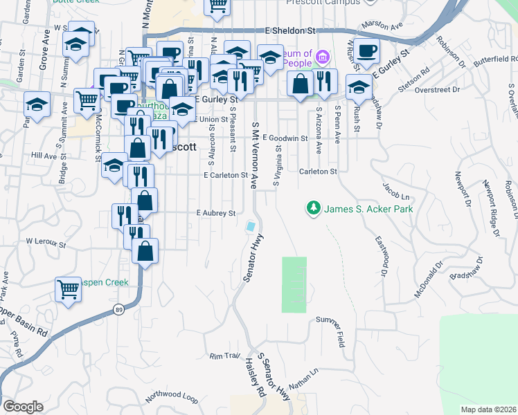 map of restaurants, bars, coffee shops, grocery stores, and more near 342 South Virginia Street in Prescott