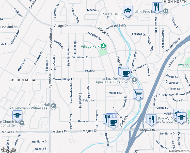 map of restaurants, bars, coffee shops, grocery stores, and more near 15685 Don Roberto Road in Victorville
