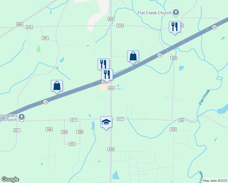 map of restaurants, bars, coffee shops, grocery stores, and more near 4292 County Road 434 in Moulton