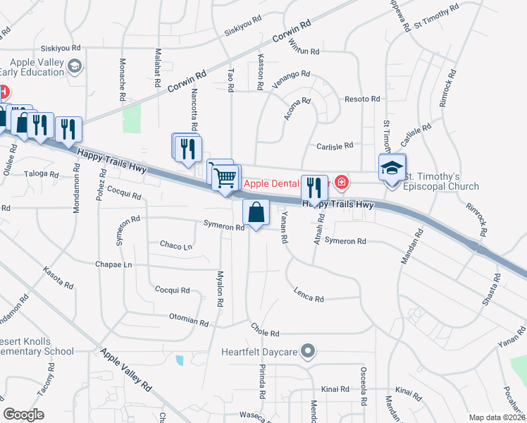 map of restaurants, bars, coffee shops, grocery stores, and more near 19001 California 18 in Apple Valley