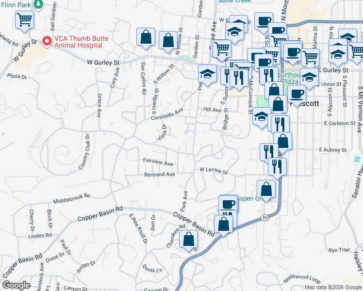 map of restaurants, bars, coffee shops, grocery stores, and more near 365 Aspen Street in Prescott