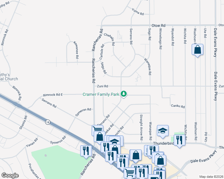 map of restaurants, bars, coffee shops, grocery stores, and more near 20221 Zuni Road in Apple Valley