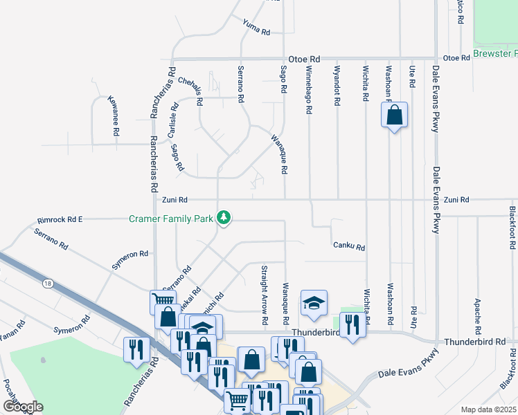 map of restaurants, bars, coffee shops, grocery stores, and more near 20395 Zuni Road in Apple Valley