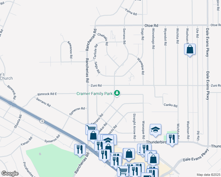 map of restaurants, bars, coffee shops, grocery stores, and more near 20255 Zuni Road in Apple Valley