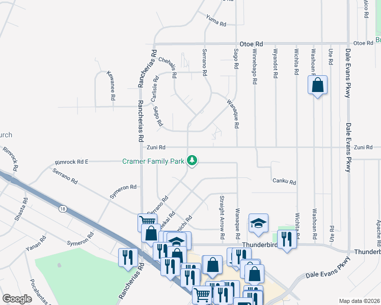 map of restaurants, bars, coffee shops, grocery stores, and more near 20285 Serrano Road in Apple Valley